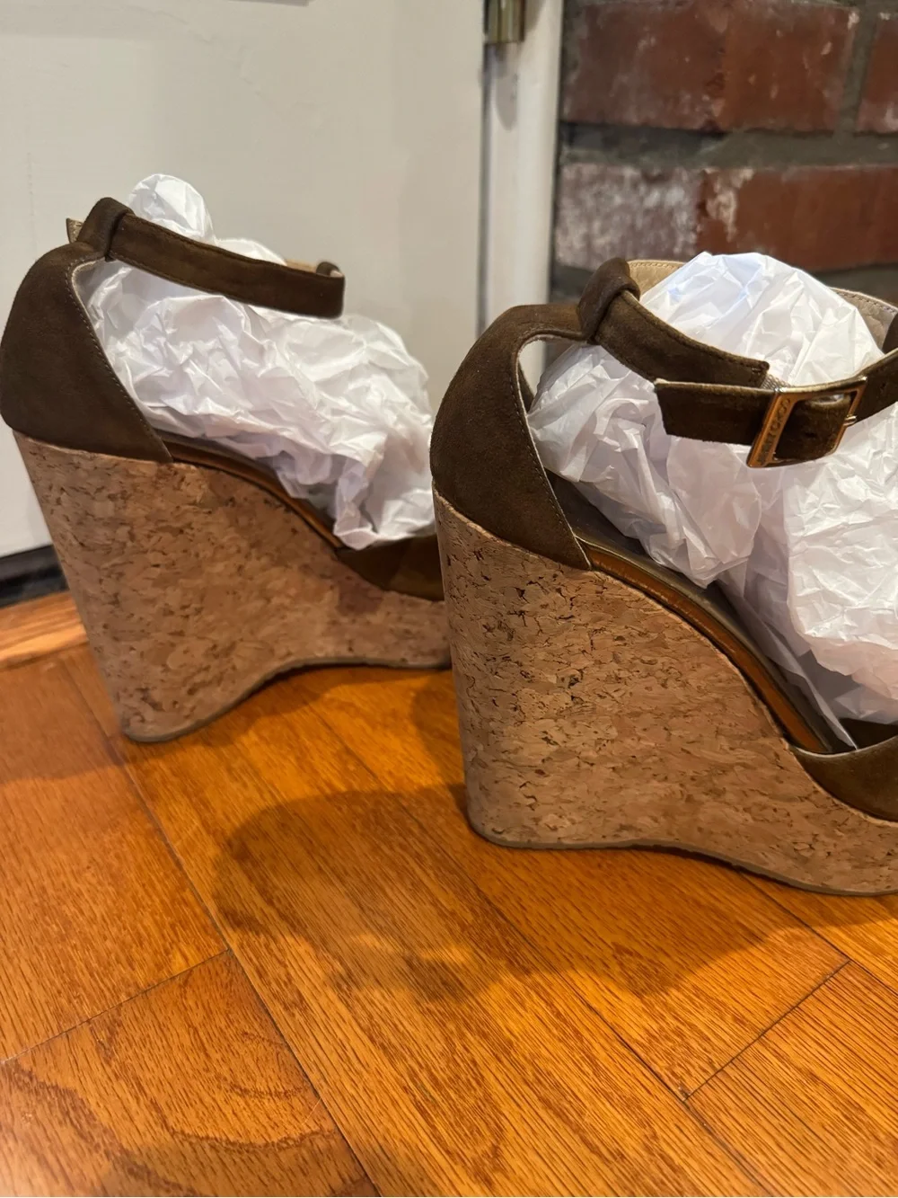 Jimmy Choo Brown Suede T-Strap Platform Sandals with Gold Accents
